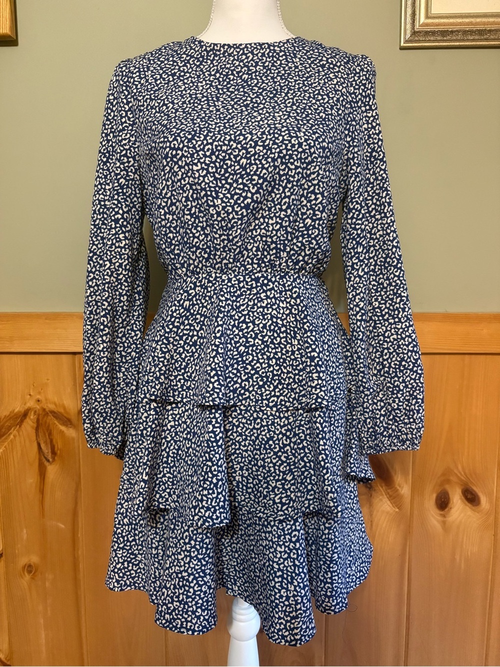 Pink Lily Navy and White Printed Tiered Long-Sleeve Dress